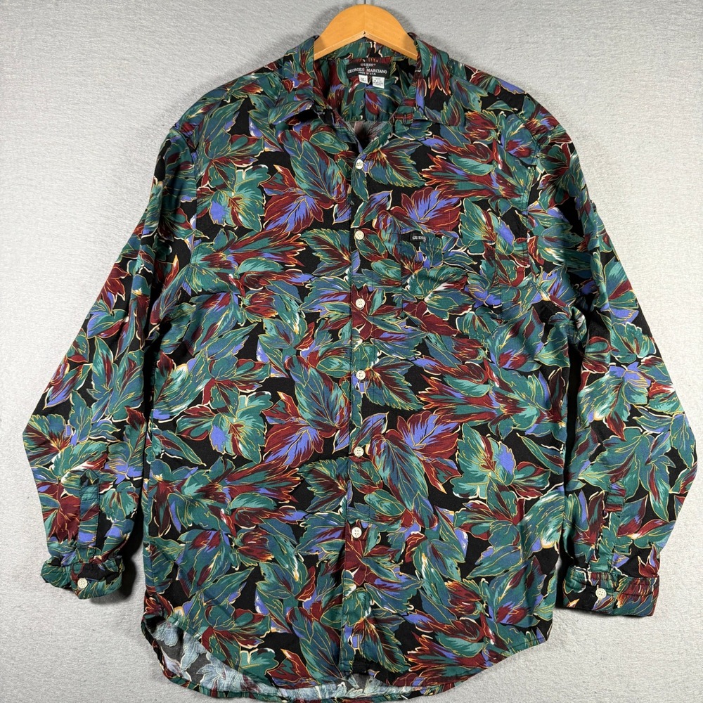 Vintage Guess Georges Marciano XL Rayon Tropical Leaf Button‎ Down Shirt USA